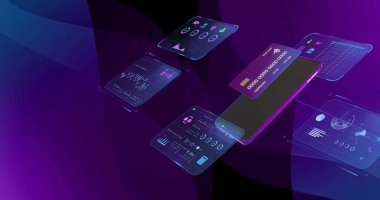 Siyah arka plandaki şekiller üzerinden kredi kartı ve akıllı telefonla veri işleme görüntüsü. Finansal, ticari, hesaplama, bağlantılar ve dijital arayüz konsepti dijital olarak oluşturuldu.