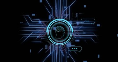Siyah arka planda işlenen insan beyni ve ai veri görüntüsü. Küresel yapay zeka, veri işleme, hesaplama ve dijital arayüz kavramı dijital olarak oluşturuldu.