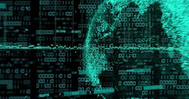 Karanlık arkaplan üzerinde ikili kodlama ve veri işleme olan dünya görüntüsü. Küresel yapay zeka, bağlantılar, hesaplama ve veri işleme kavramı dijital olarak oluşturuldu.