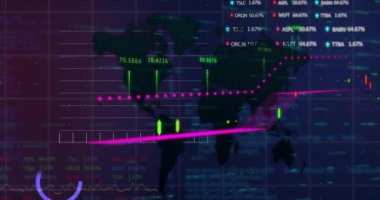 Dünya haritasında finansal veri işleme animasyonu. Küresel finans, iş, bağlantılar, hesaplama ve veri işleme kavramı dijital olarak oluşturulmuş video.