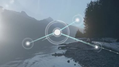 Göl manzarası üzerinde bağlantılar ve veri işleme animasyonu ağı. Teknoloji, bağlantı, dijital, siber, geleceksel, arayüz