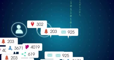 Bağlantılar ve kullanıcı simgeleri ağı üzerinden sosyal medya bildirimleri canlandırması. teknoloji, dijital, iletişim, ağ, etkileşim, internet