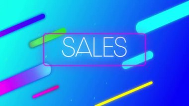 Mavi arka planda neon desenli neon satış metninin animasyonu. Satış, perakende, tasarruf, iletişim, hesaplama ve veri işleme kavramı dijital olarak oluşturulmuş video.
