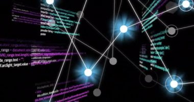 Veri işleme ve siyah arkaplan üzerindeki bağlantıların animasyonu. İş, teknoloji ve dijital arayüz kavramı dijital olarak oluşturuldu.