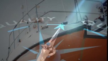 Tersanede kaliteli pusula animasyonu. Küresel finans, iş, bağlantılar, hesaplama ve veri işleme kavramı dijital olarak oluşturulmuş video.