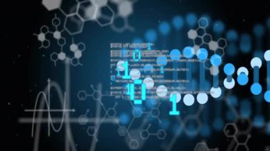 DNA ipliği ve kimyasal formül üzerinde veri işleme animasyonu. Küresel bilim ve dijital arayüz kavramı dijital olarak oluşturulmuş video.