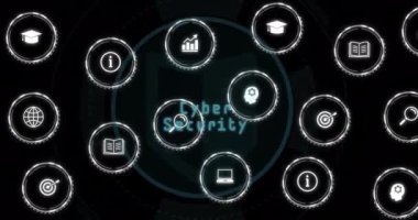 Siyah zemin üzerinde dijital simgelerin ve veri işlemenin animasyonu. Dijital olarak oluşturulmuş küresel bağlantılar, hesaplama ve veri işleme kavramı.