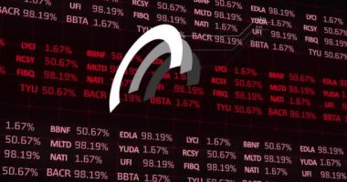 Finansal sembollerle kırmızı arkaplan üzerinde yüzdeleri olan borsa verileri. Finans, ticaret, yatırım, ekonomi, hisse senetleri, Wall Street
