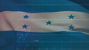 Honduras bayrağı üzerinde finansal veri işleme animasyonu. Küresel finans, iş, bağlantılar, hesaplama ve veri işleme kavramı dijital olarak oluşturulmuş video.