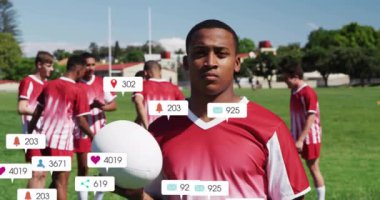 Çeşitli ragbi oyuncuları üzerinde simge ve veri işleme animasyonları. Küresel spor, rekabet, bağlantılar, hesaplama ve veri işleme kavramı dijital olarak oluşturulmuş video.