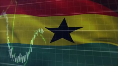 Gana bayrağı üzerinde finansal veri işleme animasyonu. Küresel iş, finans, bilgisayar ve dijital arayüz kavramı dijital olarak oluşturulmuş video.