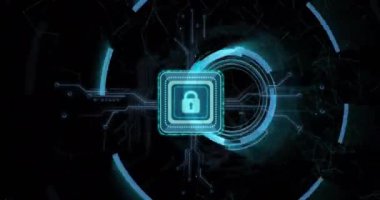 Siyah arkaplanda asma kilit simgesi üzerinde veri işleme ile tarama alanının animasyonu. Küresel teknoloji, bilgisayar ve dijital arayüz kavramı dijital olarak oluşturulmuş video.