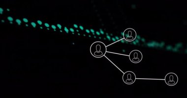 Siyah arkaplan üzerinde insan simgeleri ve veri işleme ağı animasyonu. Dijital olarak oluşturulmuş küresel bağlantılar, hesaplama ve veri işleme kavramı.