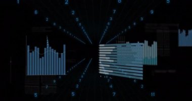 Veri işleme ve siyah arkaplan diyagramlarının animasyonu. Teknoloji, iş ve dijital arayüz kavramı dijital olarak oluşturulmuş video.