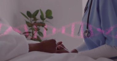 Animasyon DNA 'sı, melez bir kadın doktorun hastasının elini tutması üzerineydi. Teknoloji, tıp ve dijital arayüz kavramı dijital olarak oluşturulmuş video.