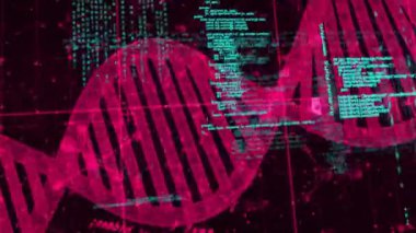 DNA ipliği üzerinde veri işleme animasyonu. Bilim, teknoloji ve dijital arayüz kavramı dijital olarak oluşturulmuş video.