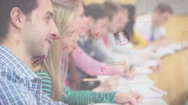 Matematiksel denklemler ve geometrik şekiller sınıfta okuyan öğrenciler üzerinde animasyon oluşturur. Eğitim, öğrenme, matematik, geometri, bilim, teknoloji