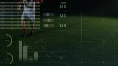 Futbolcu dünya haritası ve grafikleri üzerinde veri analizi animasyonuyla topa vuruyor. atlet, spor, teknoloji, görselleştirme, performans, istatistik