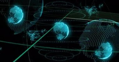 Dijital dünya ve ağ bağlantıları koyu arkaplan üzerinde parlayan çizgilerle canlanıyor. bağlantı, teknoloji, siber uzay, iletişim, veri, fütürist