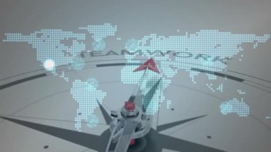 Beyaz arkaplanda pusula üzerinde bağlantı ağı olan dünya haritasının animasyonu. Küresel iş, bilgisayar ve dijital arayüz kavramı dijital olarak oluşturulmuş video.