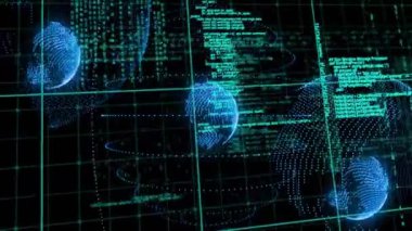 Veri işleme üzerinde noktaların ve kürelerin animasyonu. İş, teknoloji ve dijital arayüz kavramı dijital olarak oluşturuldu.