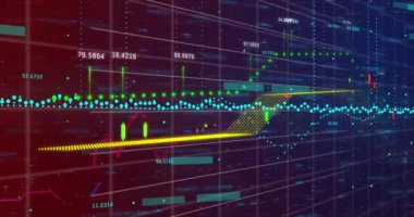 Karanlık arka planda finansal veri işleme sisteminin animasyonu. Küresel finans, iş, bağlantılar, hesaplama ve veri işleme kavramı dijital olarak oluşturulmuş video.