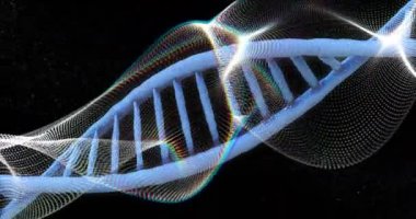 Hareket eden şekillerin üzerindeki DNA iplikçiklerinin animasyonu. Teknoloji, bilim ve dijital arayüz kavramı dijital olarak oluşturulmuş video.