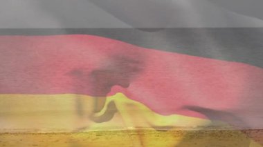 Sahilde ve okyanusta Alman bayrağı animasyonu. Almanya, deniz, kıyı şeridi, tatil, seyahat, turizm