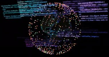 Tüm dünyada dijital veri işleme animasyonu. Dijital olarak oluşturulmuş küresel bağlantılar, hesaplama ve veri işleme kavramı.