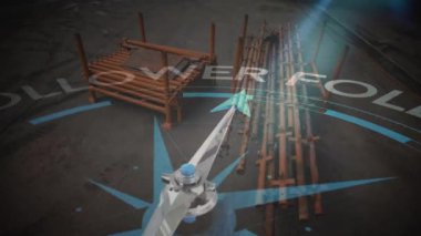 Depoda takipçi metni olan pusula animasyonu. Küresel iş, seyahat ve dijital arayüz kavramı dijital olarak oluşturulmuş video.