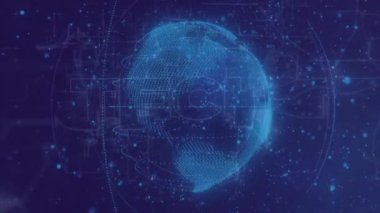 Noktalar üzerinde teknolojik metin ve küre animasyonu. Küresel iş, teknoloji ve dijital arayüz kavramı dijital olarak oluşturulmuş video.