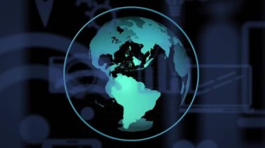 Teknoloji simgeleri ve sembolleri üzerinde dönen dünya animasyonu. Dünya, dijital, küresel, ağ, bağlantı, geleceksel