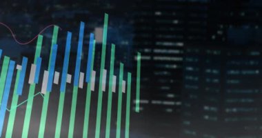 Şehir manzarası üzerinde finansal veri işleme animasyonu. Dijital olarak oluşturulmuş küresel bağlantılar, hesaplama ve veri işleme kavramı.