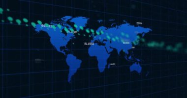 Veri noktaları ve dijital veri işleme animasyonu olan bir dünya haritası. Coğrafya, analitik, veri görselleştirme, teknoloji, küresel, ağ
