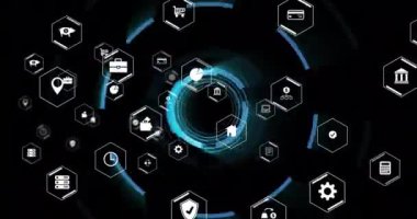 Kapsam taramasında simge ve veri işleme animasyonları. Dijital olarak oluşturulmuş küresel bağlantılar, hesaplama ve veri işleme kavramı.