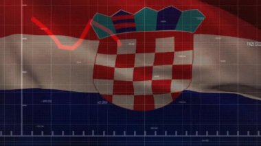 Hırvat bayrağı üzerinde finansal veri işleme animasyonu. Küresel iş, finans, bilgisayar ve dijital arayüz kavramı dijital olarak oluşturulmuş video.