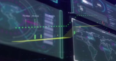 Siyah arkaplanda veri işleme animasyonu. Küresel teknoloji, bilgisayar ve dijital arayüz kavramı dijital olarak oluşturulmuş video.