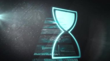 Kum saati üzerinde veri işleme animasyonu. Bilim, teknoloji ve dijital arayüz kavramı dijital olarak oluşturulmuş video.