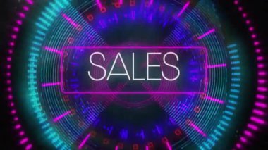 Neon şekillerin hareket etmesi üzerine satış metninin animasyonu. Teknoloji, alışveriş ve dijital arayüz kavramı dijital olarak oluşturulmuş video.