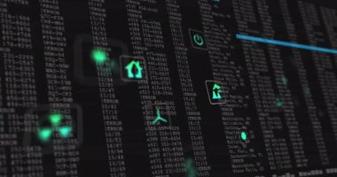 Siyah arkaplan üzerinde ekolojik simgelerin ve veri işlemlerinin animasyonu. Küresel çevre, bağlantılar, hesaplama ve veri işleme kavramı dijital olarak oluşturulmuş video.