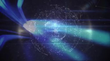 Parlayan mavi ışınlar üzerinde bağlantı ve veri işleme animasyonu ağı. Teknoloji, dijital, fütüristik, siber uzay, iletişim, sanal
