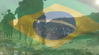 Çeşitli silahlı askerlerin üzerinde Brezilya bayrağı animajı. Silahlı kuvvetler, savaş, çatışma, vatanseverlik ve savunma konsepti dijital olarak oluşturulmuş video.