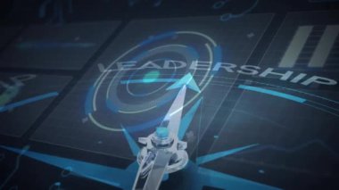 Veri işleme üzerinden pusula ve liderlik metninin animasyonu. Seyahat, teknoloji ve dijital arayüz konsepti dijital olarak oluşturulmuş video.