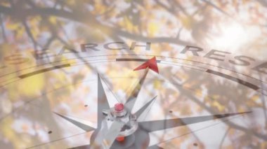 Ağaçların üzerinde araştırma metni olan pusula animasyonu. Küresel iş, seyahat ve dijital arayüz kavramı dijital olarak oluşturulmuş video.