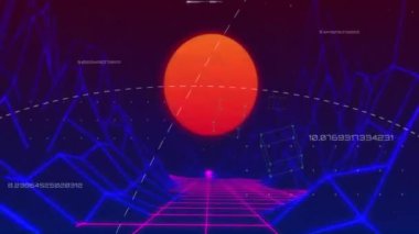 Dijital dağların ve güneşin üzerinde veri işleme animasyonu. İş, teknoloji ve dijital arayüz kavramı dijital olarak oluşturuldu.