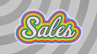 Gri şekillerin hareket ettiği satış metninin animasyonu. Teknoloji, alışveriş ve dijital arayüz kavramı dijital olarak oluşturulmuş video.