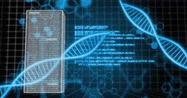 DNA iplikçiklerinin dönmesi üzerine dijital veri işleme animasyonu. Küresel bilim, bağlantılar, hesaplama ve veri işleme kavramı dijital olarak oluşturulmuş video.