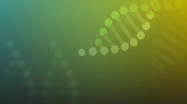 Yeşil ve sarı arkaplan üzerinde DNA ipliği animasyonu. Genetik, biyoteknoloji, moleküler, DNA çift sarmal, bilim, araştırma konsepti