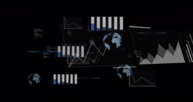 Siyah arkaplan üzerinde dijital veri işleme animasyonu. Dijital olarak oluşturulmuş küresel bağlantılar, hesaplama ve veri işleme kavramı.