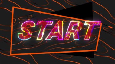 Başlangıç metninin neon desen arkaplanı üzerinden canlandırması. Küresel video oyunu, dijital arayüz, iletişim, bilgisayar ve veri işleme kavramı dijital olarak oluşturuldu.